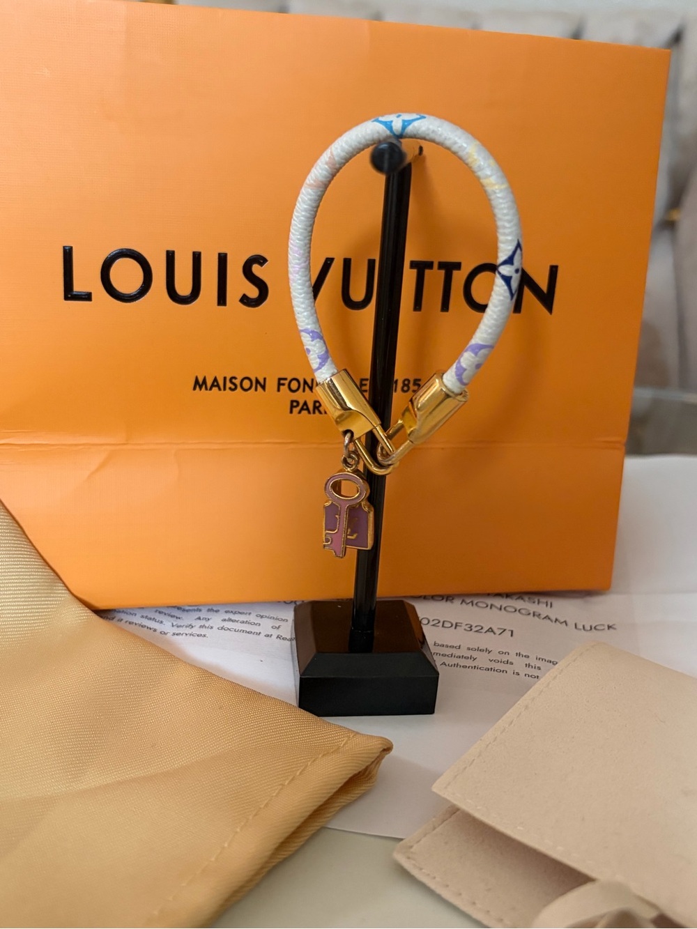 Louis Vuitton White & Purple Monogram Key Ring Charm with Gold Hardware